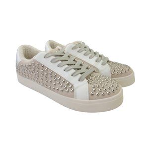 Aqua Womens Tess White Suede Studded Embellished Lace Up Sneaker Shoes Sz 7